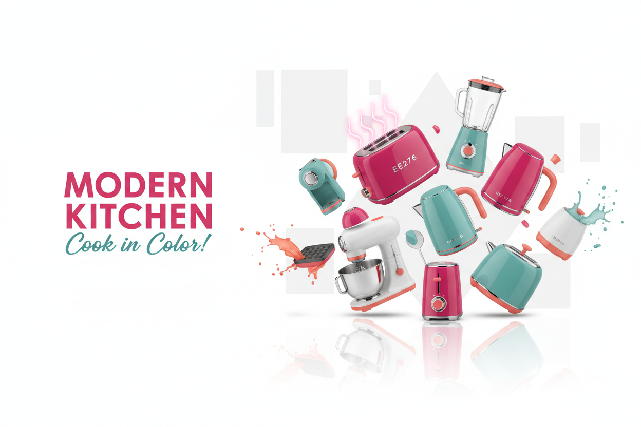 Colorful kitchen appliances banner