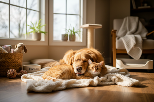 Happy dog and cat sitting together near a sunny window
